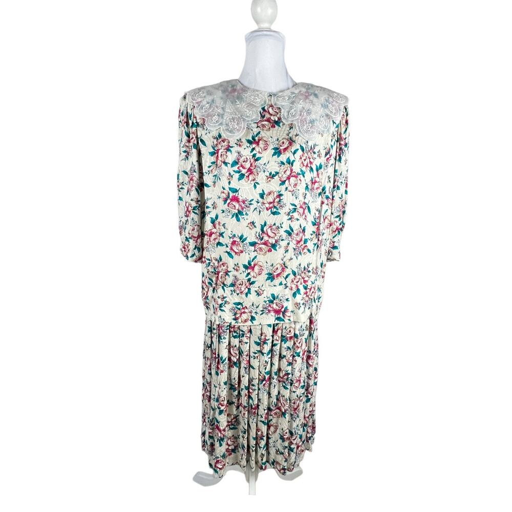 Vtg 80s Nilani Midi Dress Floral Peter Pan Collar Country Cottage Romantic Sz 10